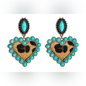 Heart-Shaped Leopard Print Earrings with Turquoise Accents